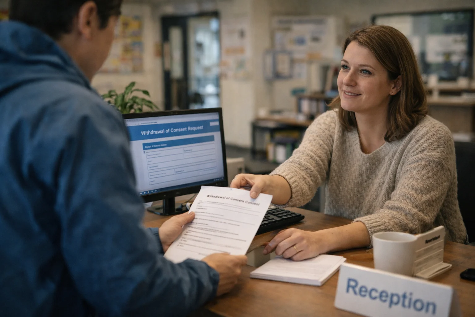 Person withdrawing consent at a public service desk in a simple and respectful process, illustrating GDPR rights and easy consent withdrawal.