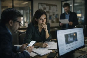 Communications team responding to a suspected deepfake incident in an institutional office, showing pressure, coordination and the need to protect public trust.