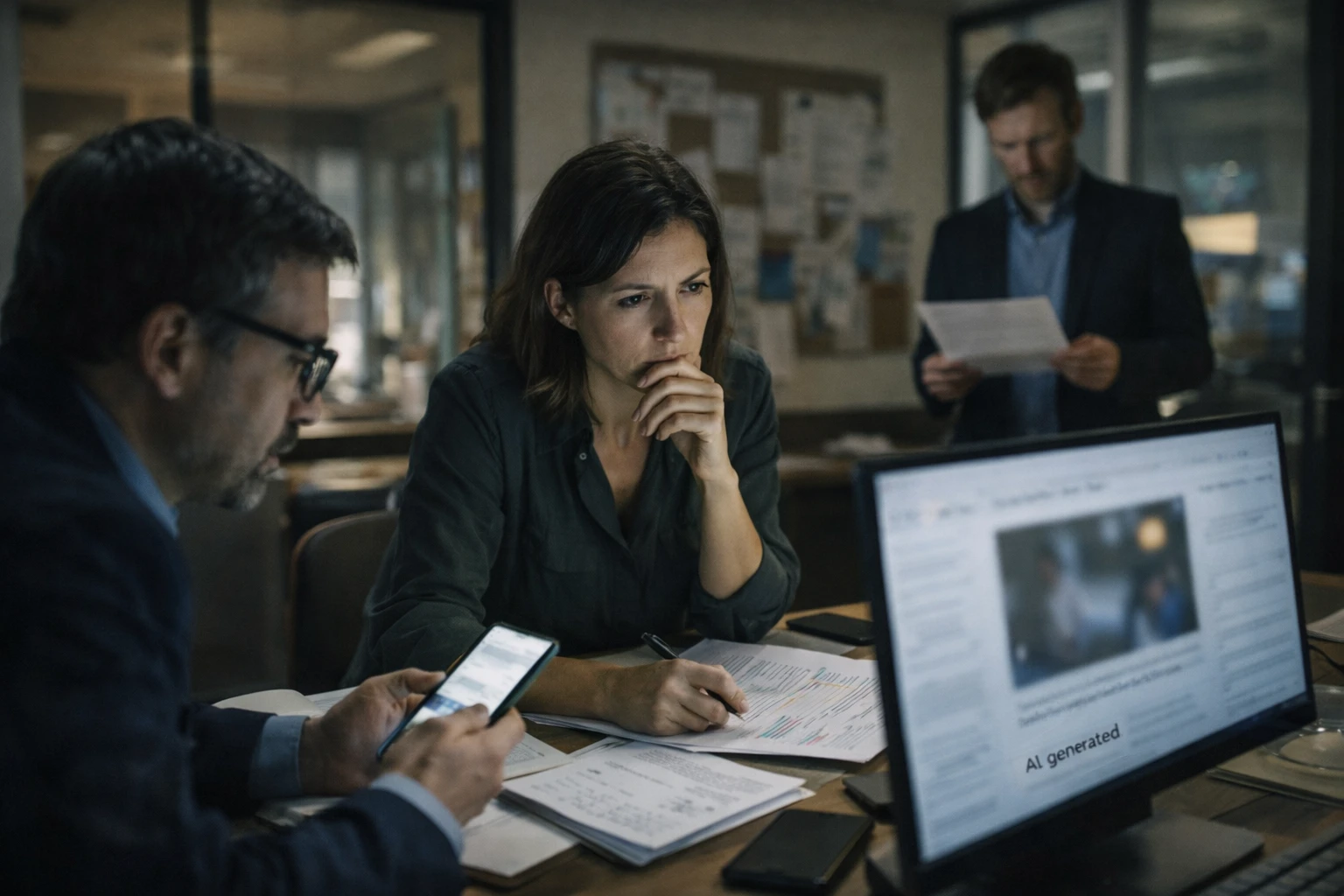 Communications team responding to a suspected deepfake incident in an institutional office, showing pressure, coordination and the need to protect public trust.