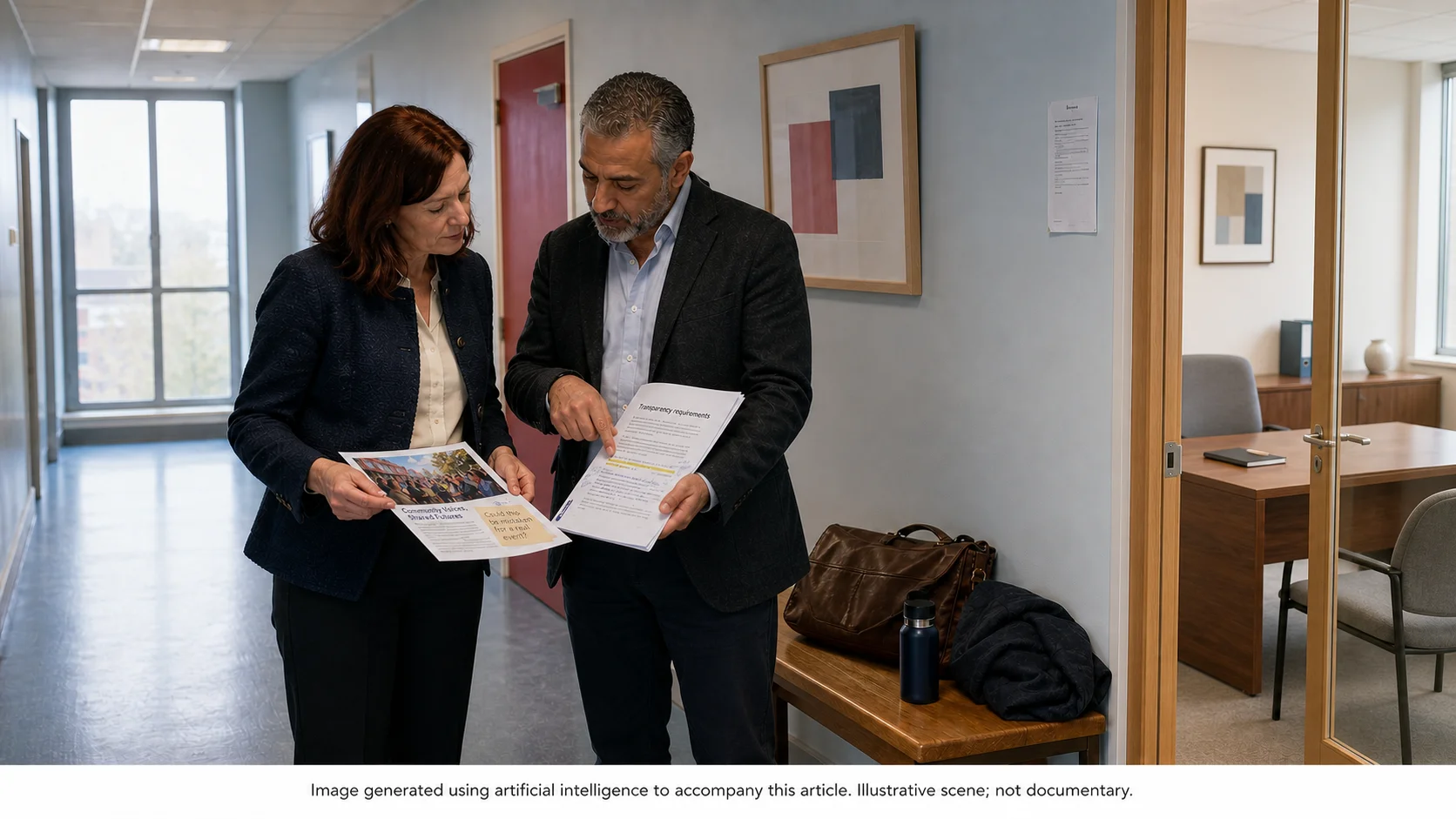 Communications professionals comparing AI transparency requirements with an editorial review before documenting the decision.