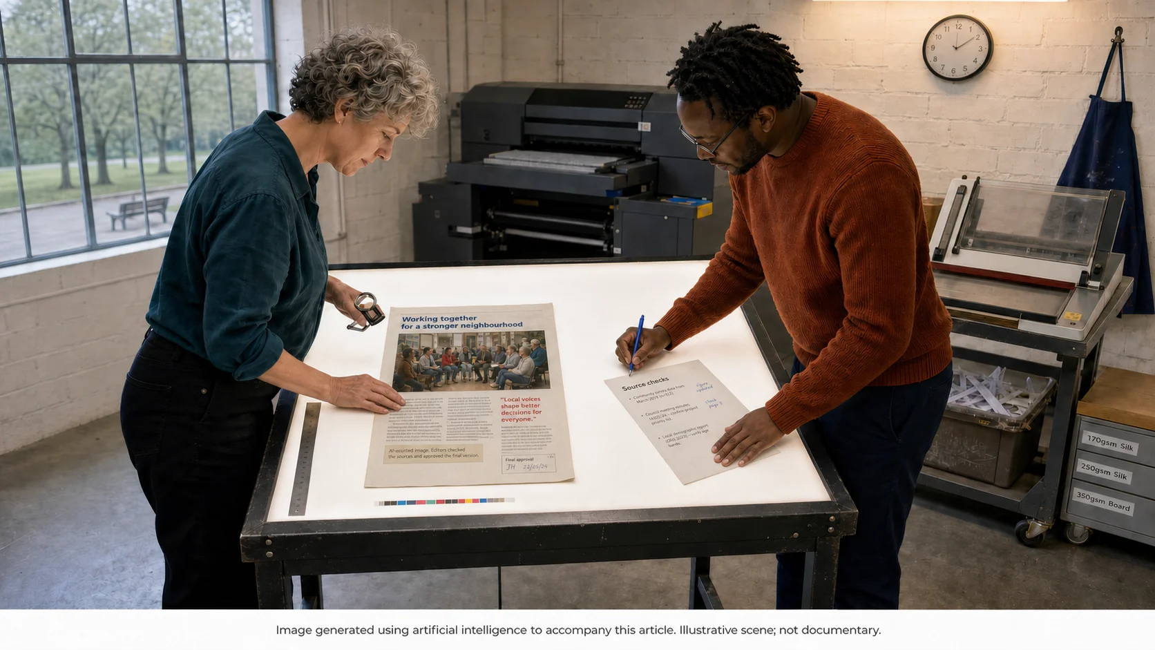 Print technician and editor checking sources, disclosure wording and final approval for an AI-assisted public information leaflet.