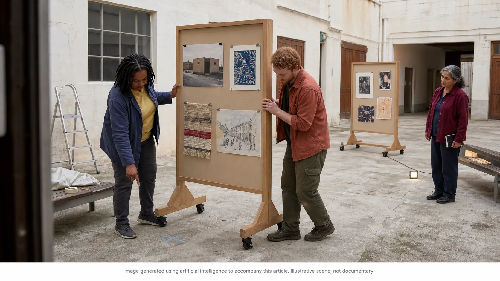 Community participant and artist changing an exhibition layout together through cultural co-creation and shared decision-making.