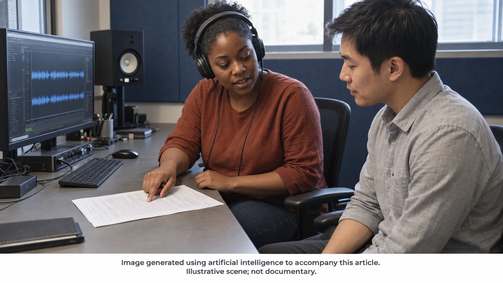 AI-generated scene of a woman wearing headphones discussing an annotated interview transcript with a colleague beside an audio-editing screen.