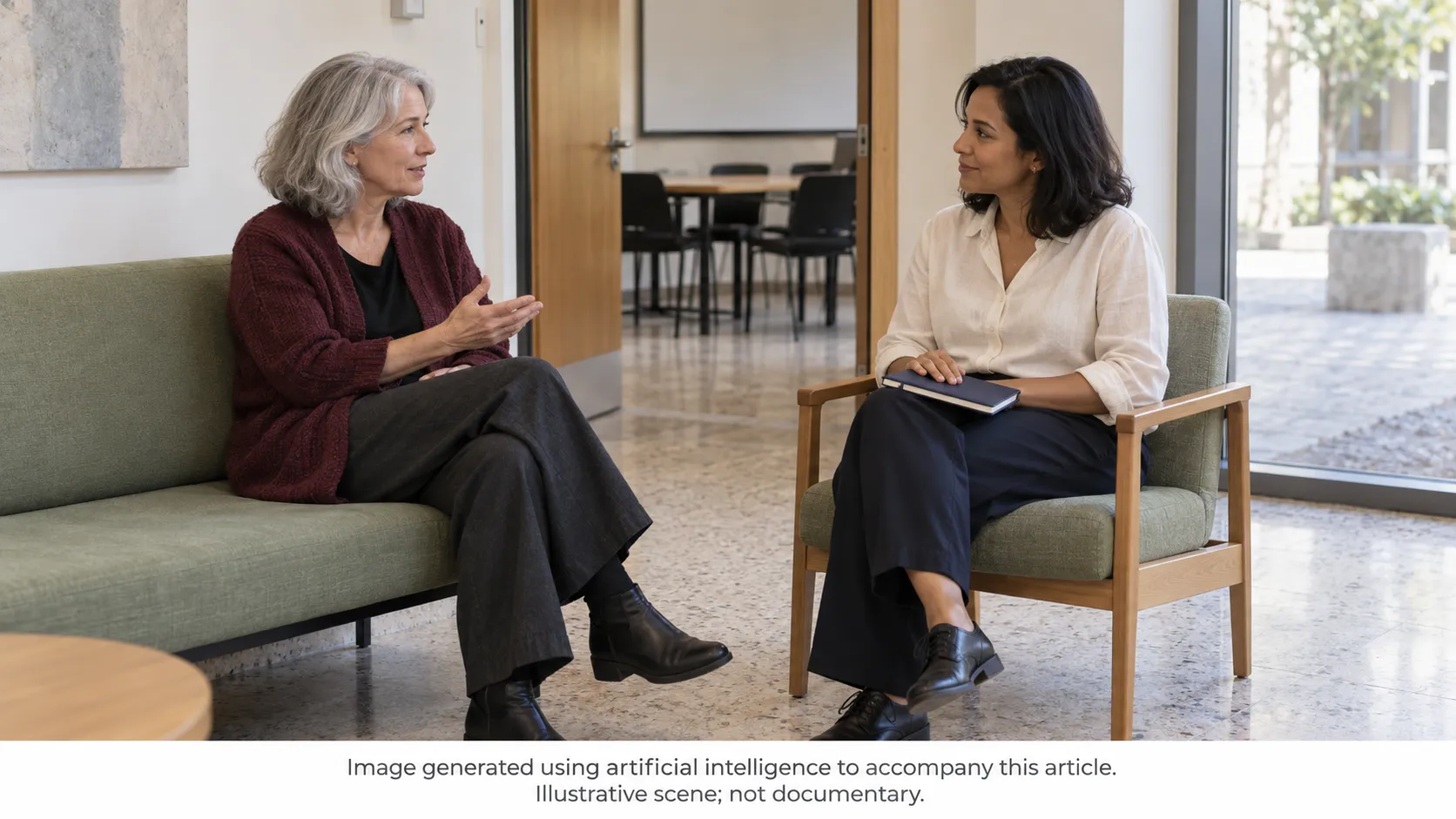 AI-generated scene of two women talking in a bright seating area beside a meeting room, with one listening and holding a notebook on her lap.